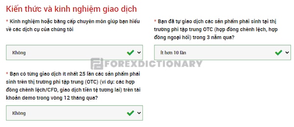 Lựa chọn phù hợp ở mục Kiến thức và kinh nghiệm giao dịch