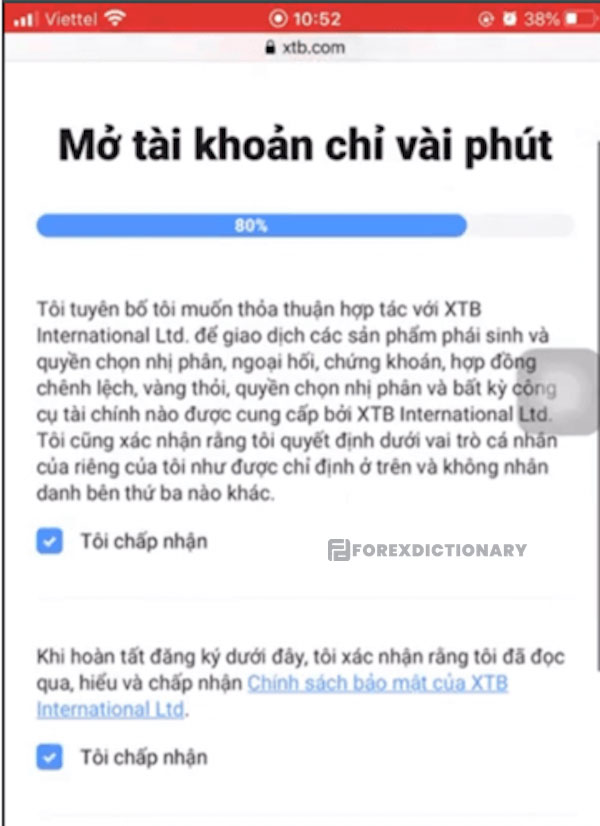 Đồng ý với điều khoản mà XTB đưa ra