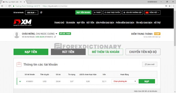 Chọn Nạp tiền tại cửa số trang web sàn XM