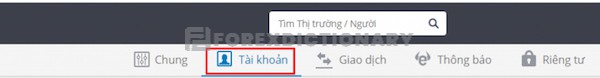 Mục tài khoản nằm ở thanh điều hướng của giao diện