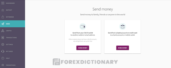 Giao diện khi truy cập vào mục Send của Skrill