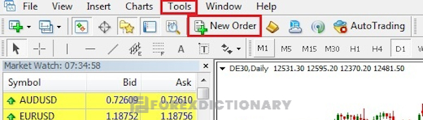 Đặt lệnh Take Profit bằng cách nhấn chọn Tool và New Order