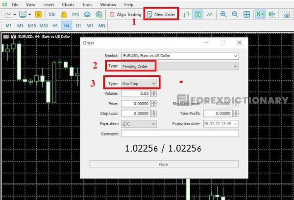 Cài đặt các thông số cho lệnh Buy Stop