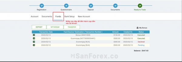 Tìm đến tab nạp tiền để bắt đầu nạp tiền vào Zulutrade