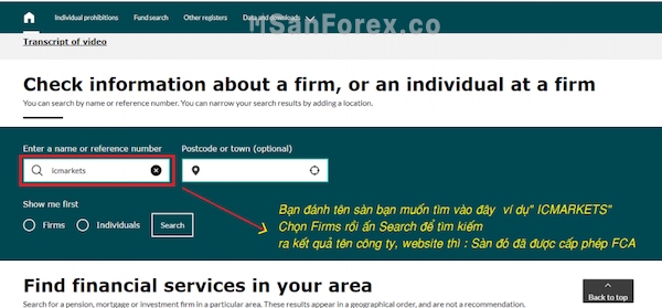 Tìm kiếm tên sàn Broker cần kiểm tra đã nhận được giấy phép FCA hay chưa?