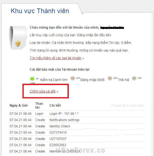 Click vào “Chỉnh sửa cài đặt” để chuyển đến giao diện xác minh tài khoản