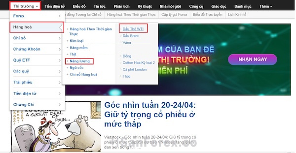 Nhấn vào “Thị trường” chọn “Hàng hóa” và các bước tương tự như hình để xem ngày hết hạn của dầu thô