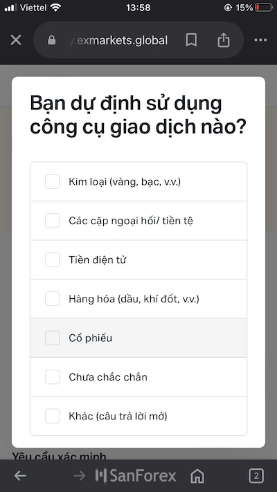 Hãy lựa chọn công cụ giao dịch mà bạn sử dụng trên Exness