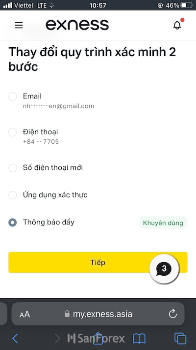 Chọn xác minh yếu tố thứ 2 thông qua thông báo đẩy